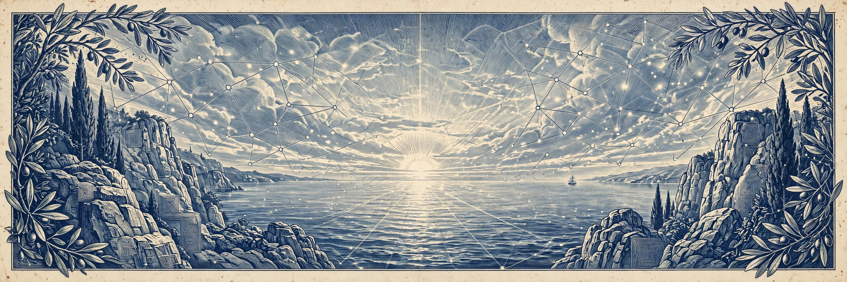 Etched Mediterranean horizon — sun over the sea between cliffs, in cobalt blue on cream